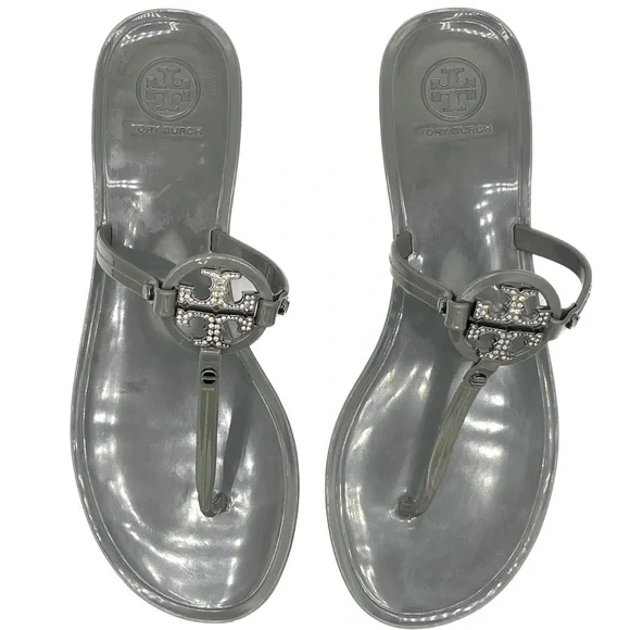 Tory Burch Mini Miller Jelly Sandals Smoke Grey Size 8 Logo Crystal Thong Flats - Picture 1 of 3